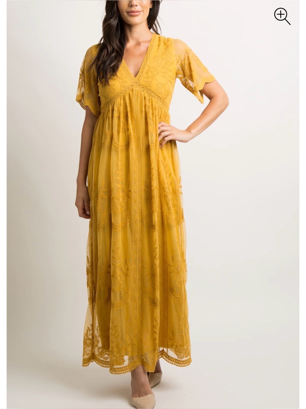 PINK BLUSH Women's Yellow Embroidered Lace Short Sleeve Maxi Dress Size M